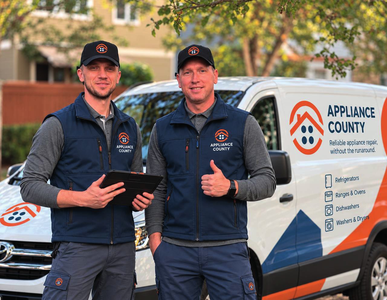 Two Appliance County technicians beside an Appliance County service van